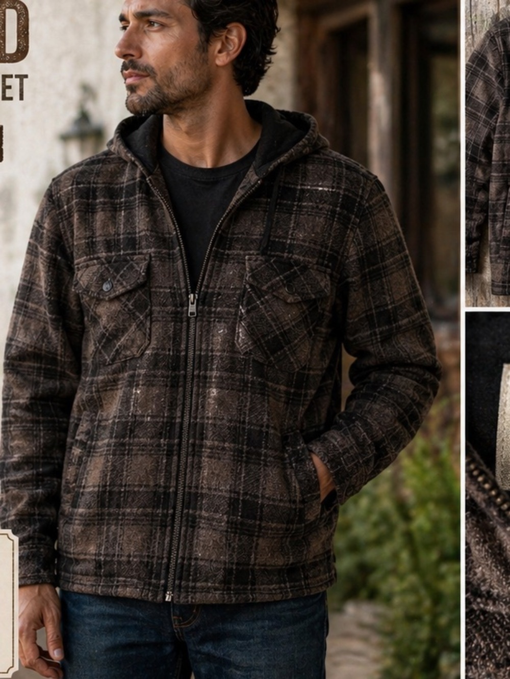 Raw yarn Plaid Hooded Jacket XL with pockets & zip up